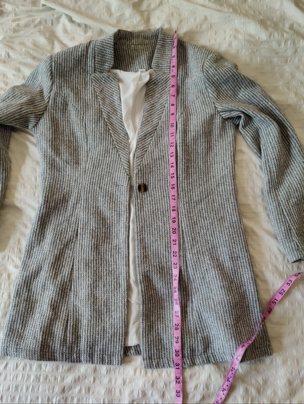 Grey Ribbed Single-Button Long Blazer Coat - Picture 9 of 12